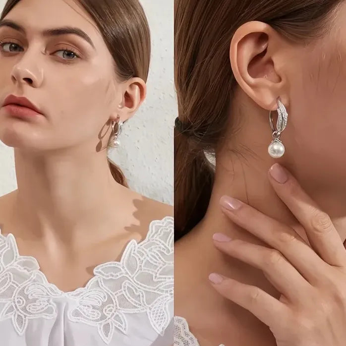 Geometric Simulated Pearl Drop Earrings with CZ Inlay for Women