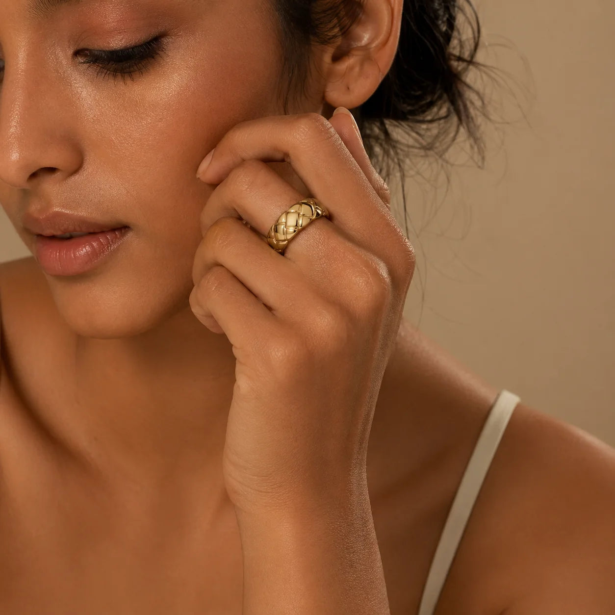 Gold Plated Quilted Dome Copper Ring Geometric Chunky Band for Women Gift