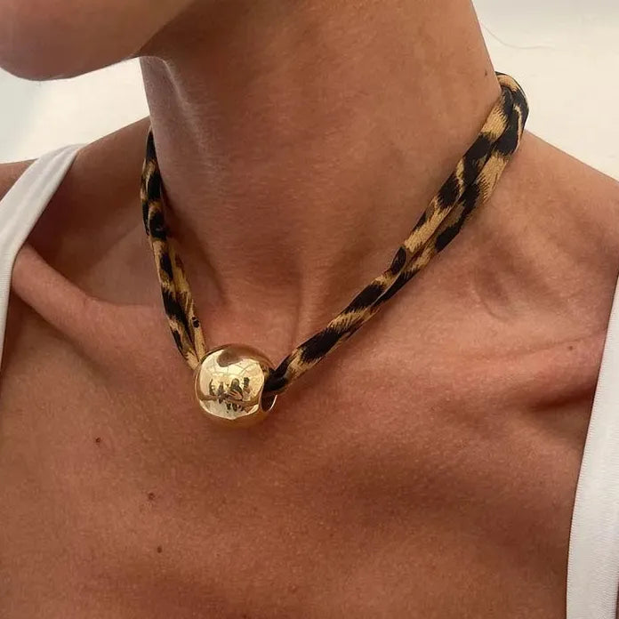 Vintage Large Starfish Pendant Necklace for Women Brown Leopard Print Rope Choker Jewelry