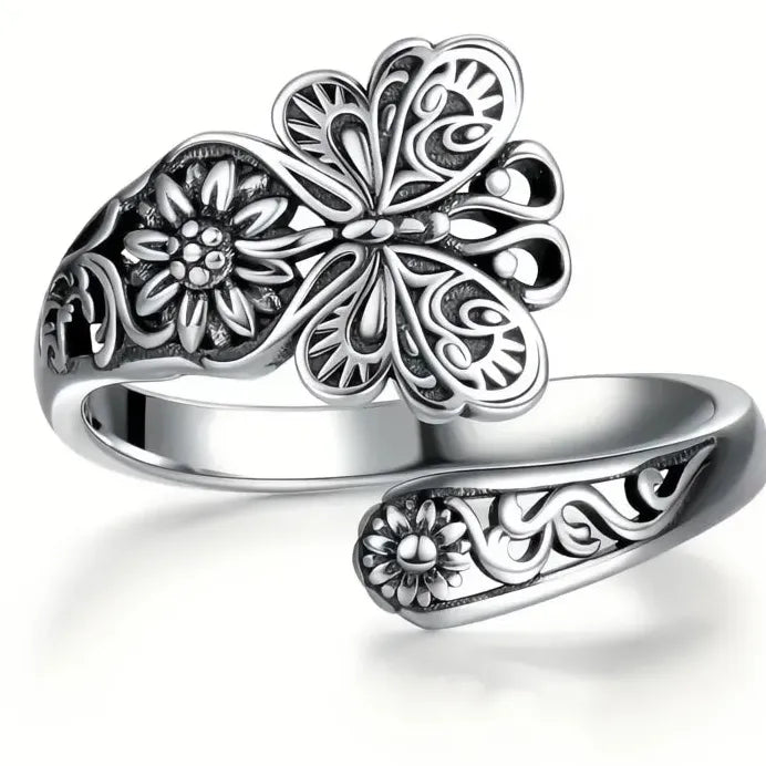 Elegant Women Silver Butterfly Flower Engraved Metal Ring Trendy Design