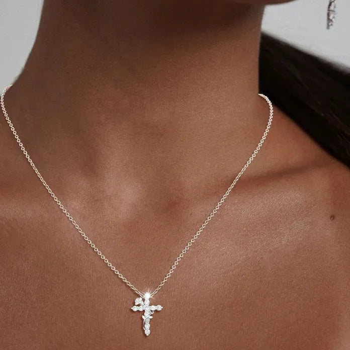 Zircon Cross Pendant Necklace for Women Gold Rose Trendy Fashion Jewelry