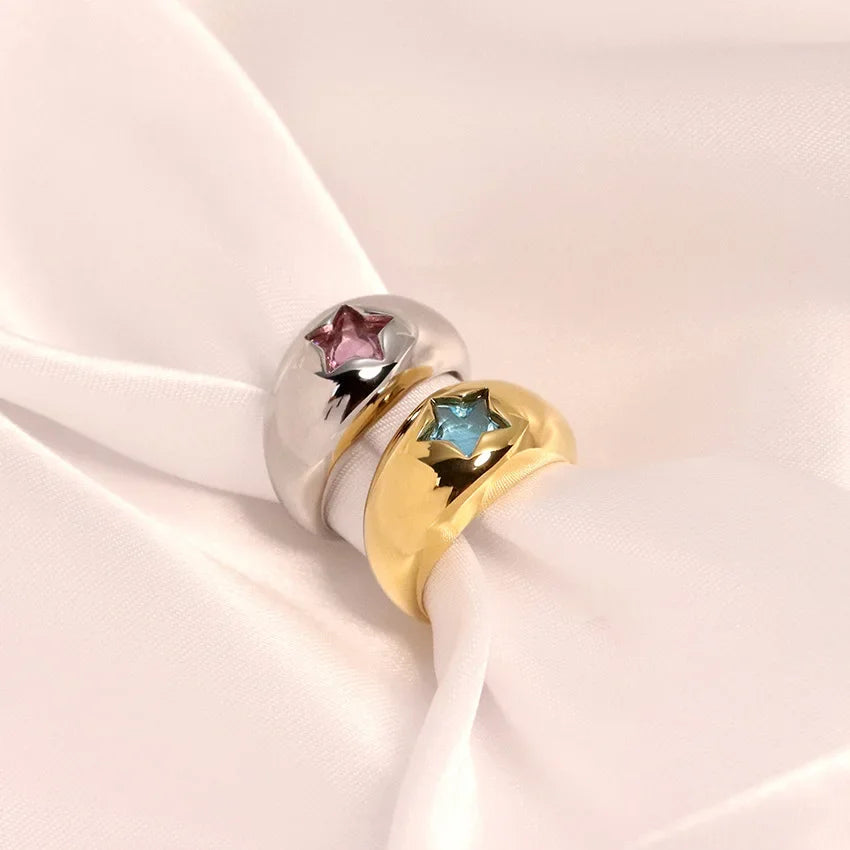 18K Gold Plated Stainless Steel Star Ring for Women Pink Zircon Dome Band