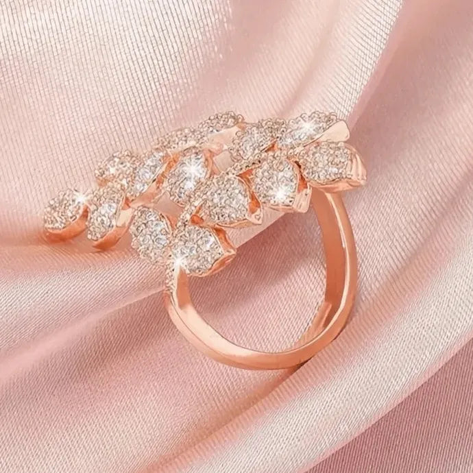 Leaves Shaped Women’s Opening Ring Rose Gold Brass CZ Party Jewelry