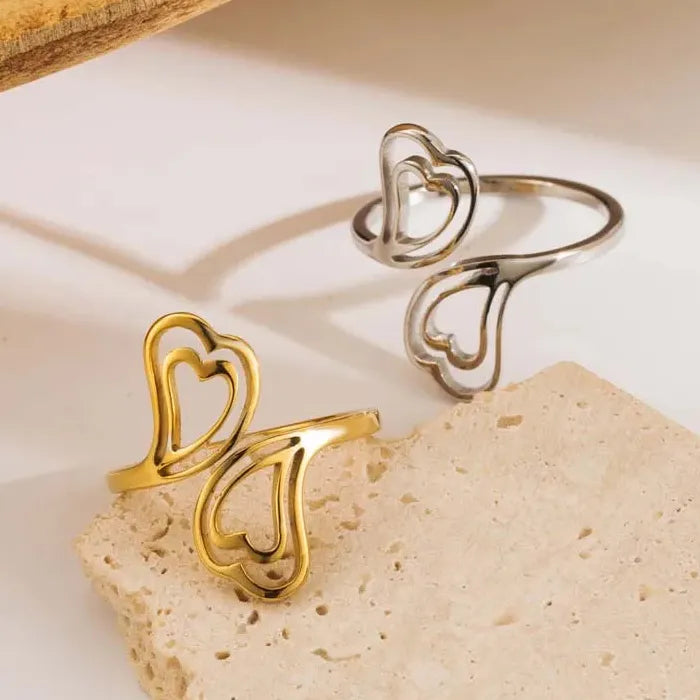 Stainless Steel Double Heart Open Ring Simple Hollow Jewelry Gift for Women