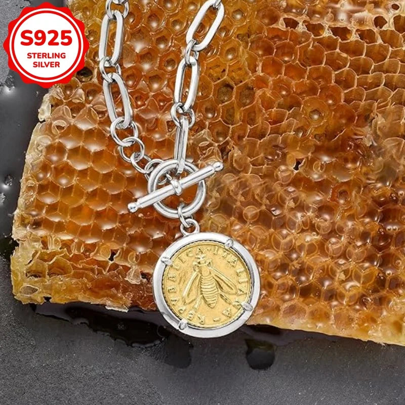 925 Silver 18K Gold Plated Bee Pendant Necklace Women Hoop Charm Gift Box