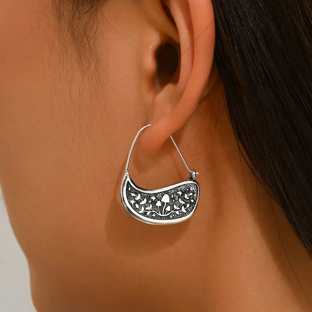 Boho Vintage Silver Color Flower Hoop Earrings for Women Copper Metal