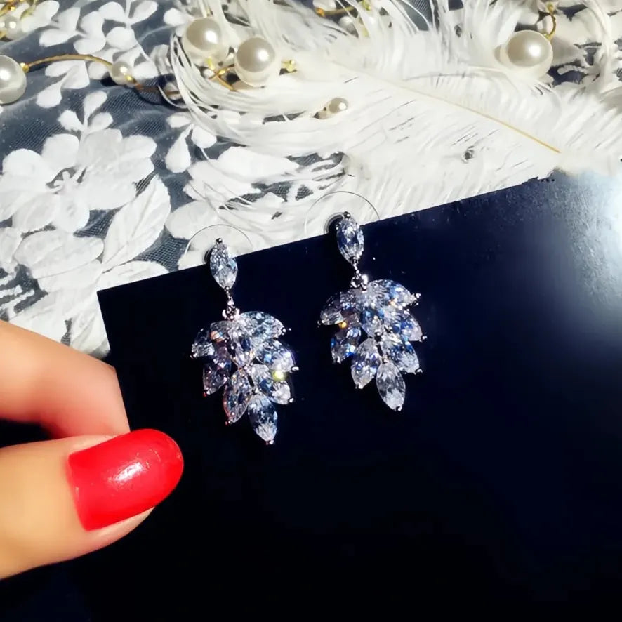 Cubic Zirconia Geometric Leaf Drop Earrings Copper Alloy Wedding Jewelry