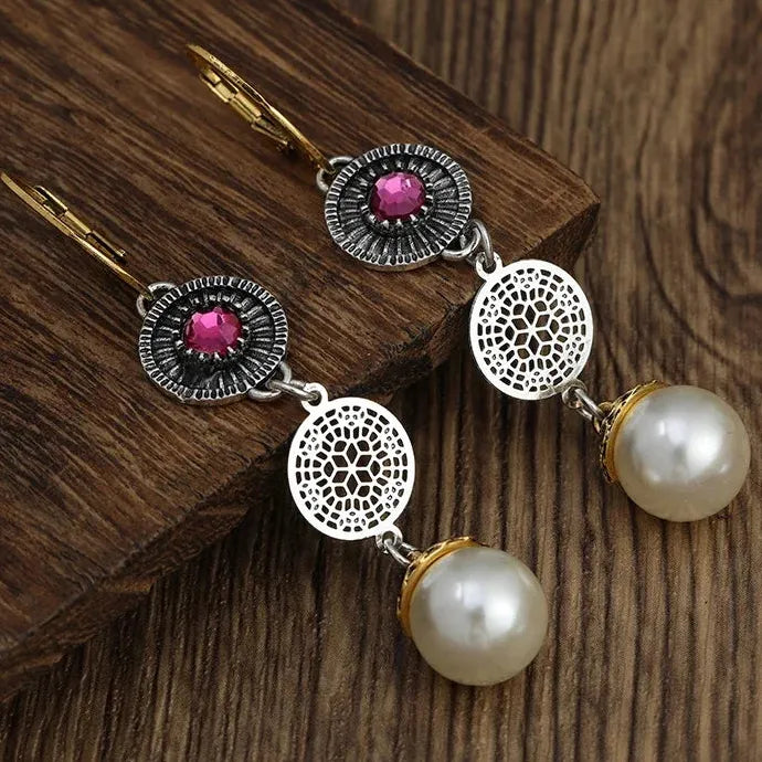 Vintage Bohemian Alloy Pearl Drop Earrings Women Sunflower Pendant Jewelry Gift