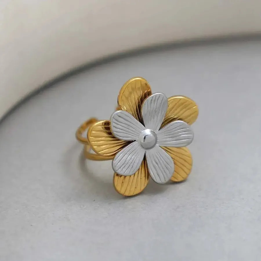 Stainless Steel Flower Rings for Women Men, Gold Silver, Double-Layer Open Band