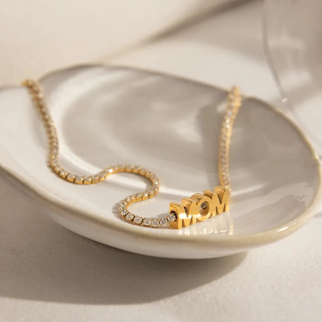 18K Gold Plated Stainless Steel Zircon MOM Tennis Chain Necklace Choker