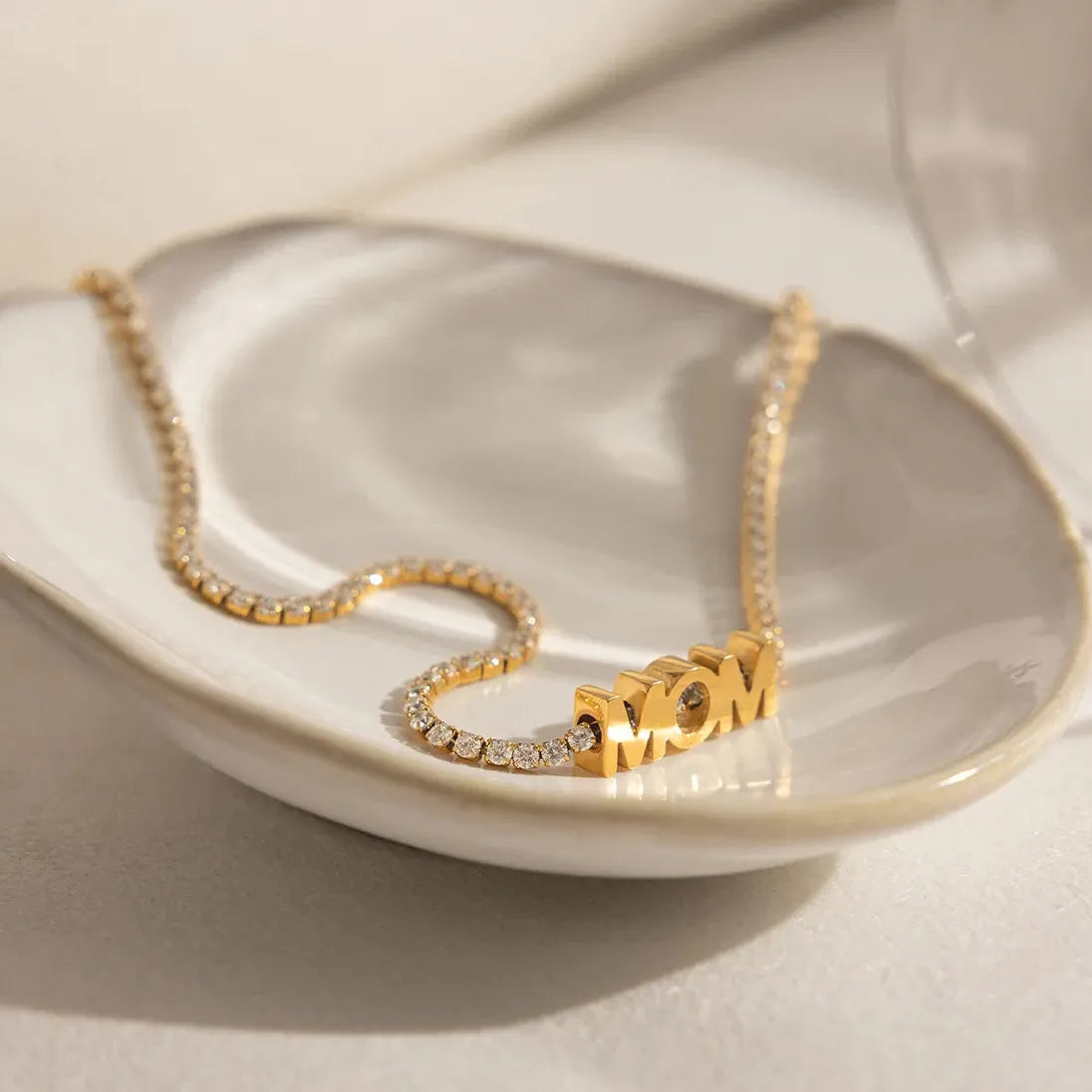 18K Gold Plated Stainless Steel Zircon MOM Tennis Chain Necklace Choker
