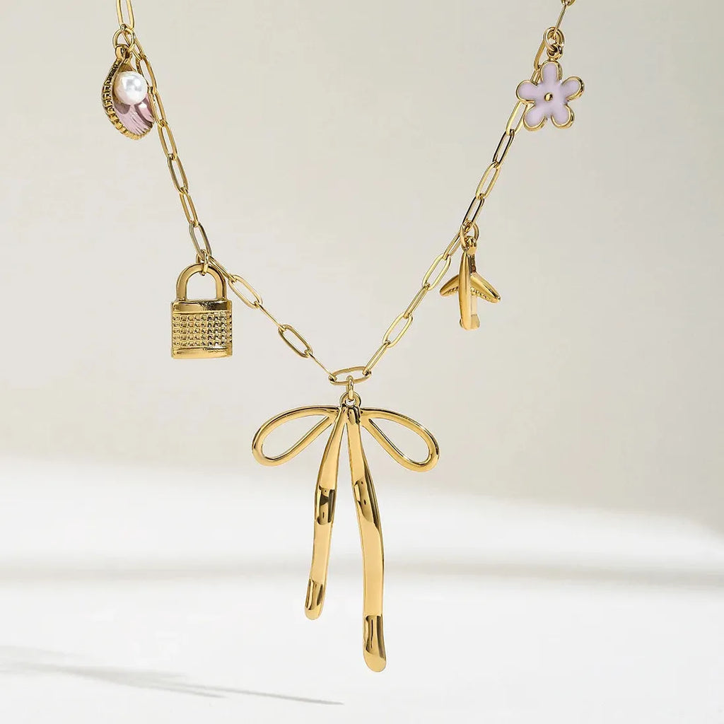 18K Gold Plated Stainless Steel Pink Shell Flower Bowknot Pendant Necklace Women