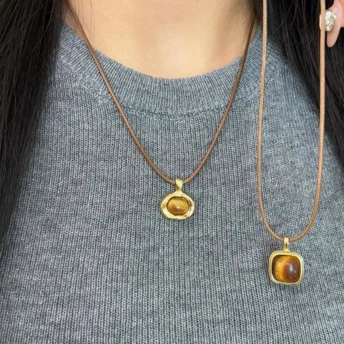Brown Natural Stone Geometric Pendant Necklace with Leather Rope Chain