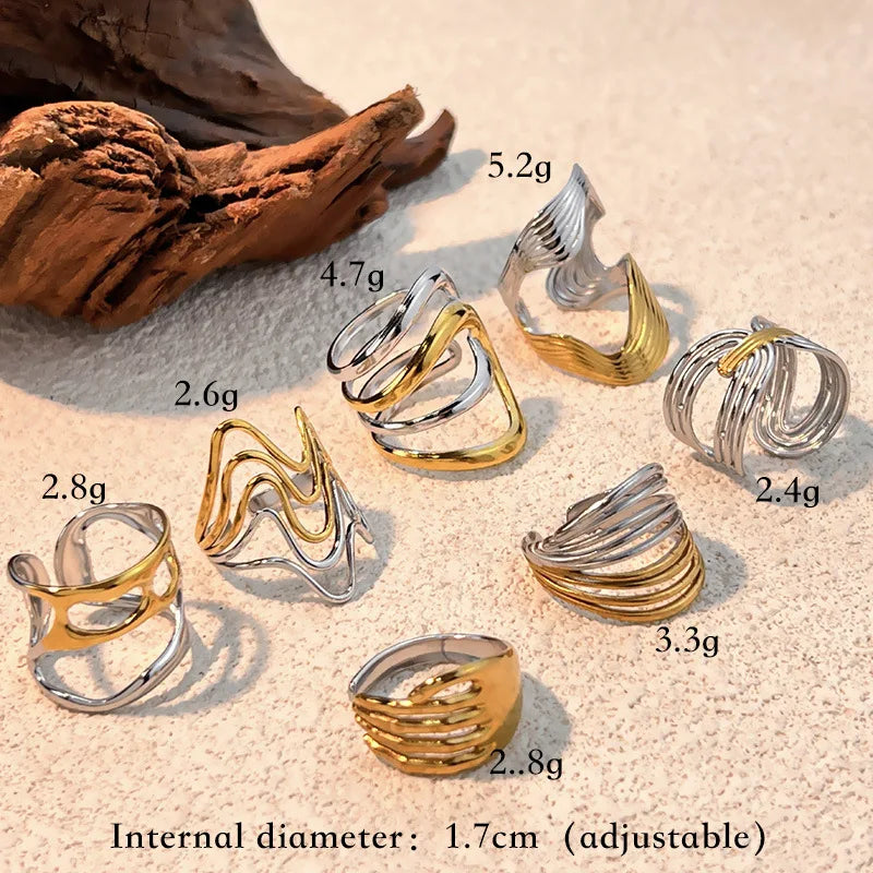18k Gold Plated Punk Geometric Hollow Out Wide Wire Ring for Women Party Jewelry