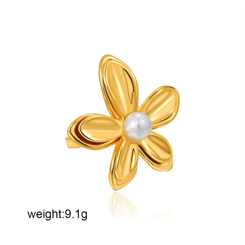 Flower Pearl Ring for Women Stainless Steel Plant Design Anti-Allergic Jewelry Gift 2025