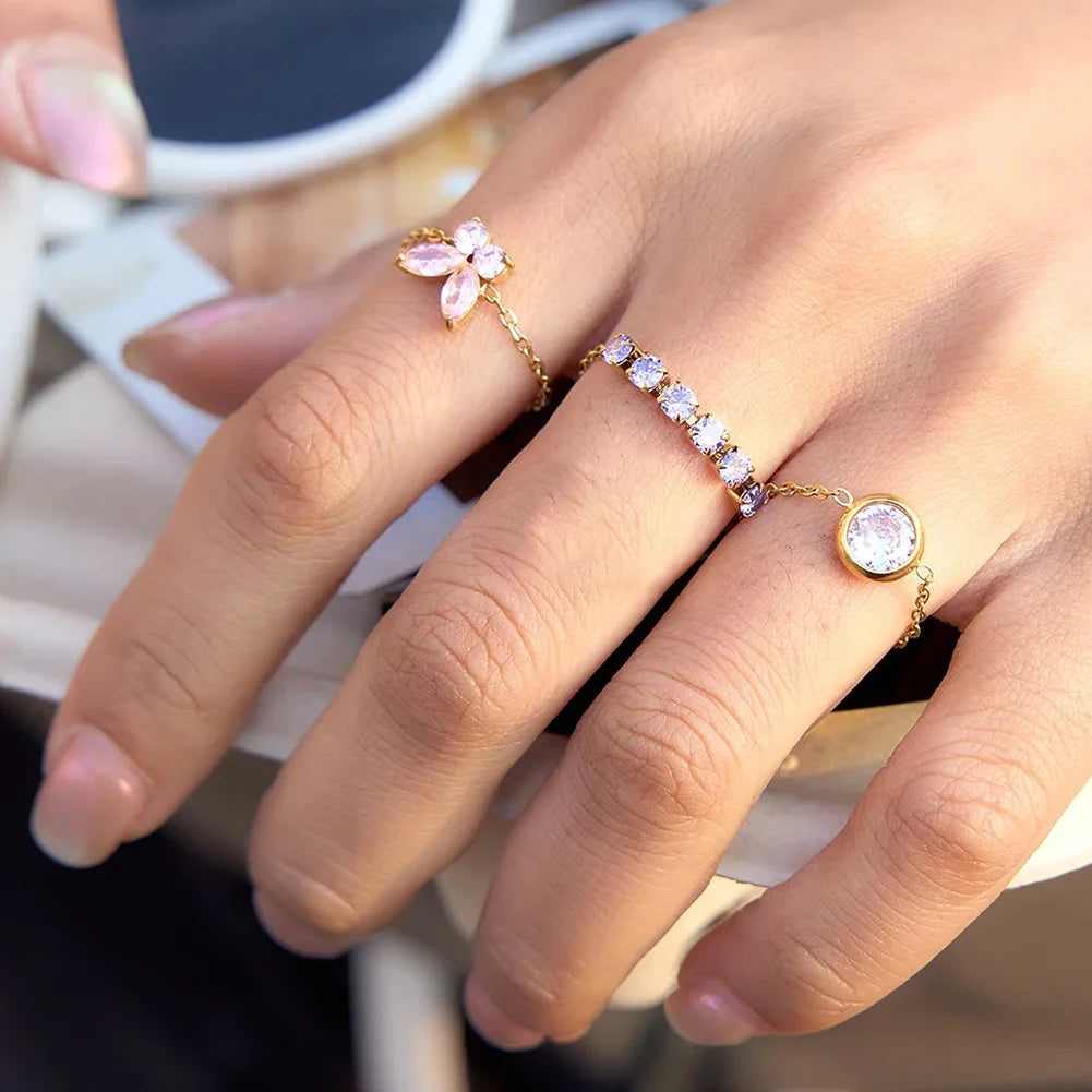 Stainless Steel Multi-Color CZ Zirconia Geometric Square Butterfly Ring Waterproof Jewelry