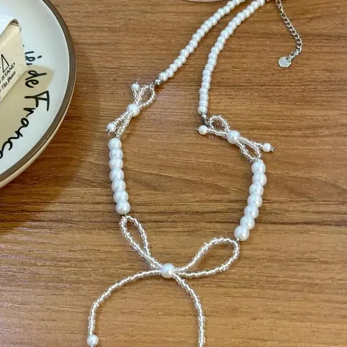 Crystal Imitation Pearl Beaded Bow Knot Collarbone Necklace for Women Girls
