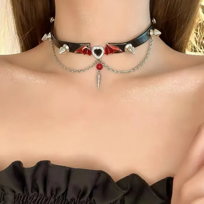 Y2K Punk PU Leather Devil Wings Heart Zircon Rivet Necklace for Women Men Stylish