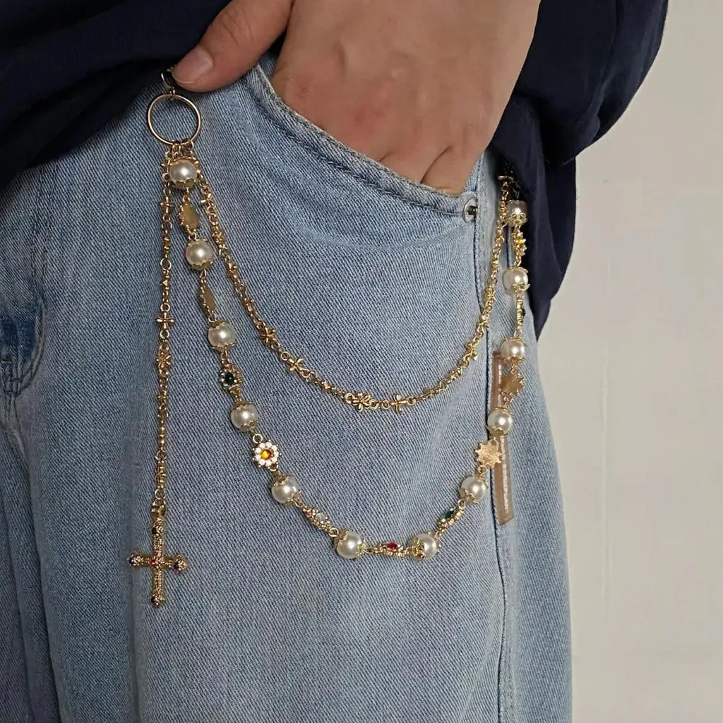 Punk Gothic Zinc Alloy Cross Pendant Multi-Layer Pearl Waist Chain Jewelry