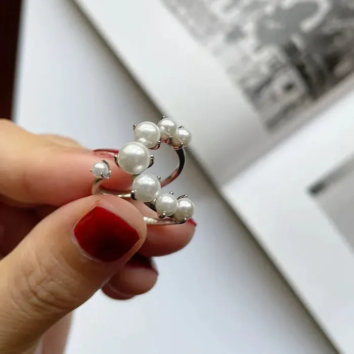 Adjustable Vintage White Pearl Double Layer Geometric Crystal Mood Tracker Ring for Women