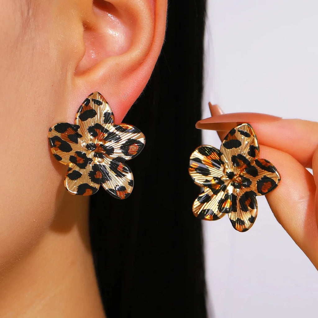 Vintage Leopard Print Geometric Flower Petal Drop Earrings for Women Jewelry