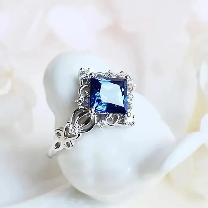 Blue Square Silver Color Wedding Rings for Women Luxury Engagement Jewelry