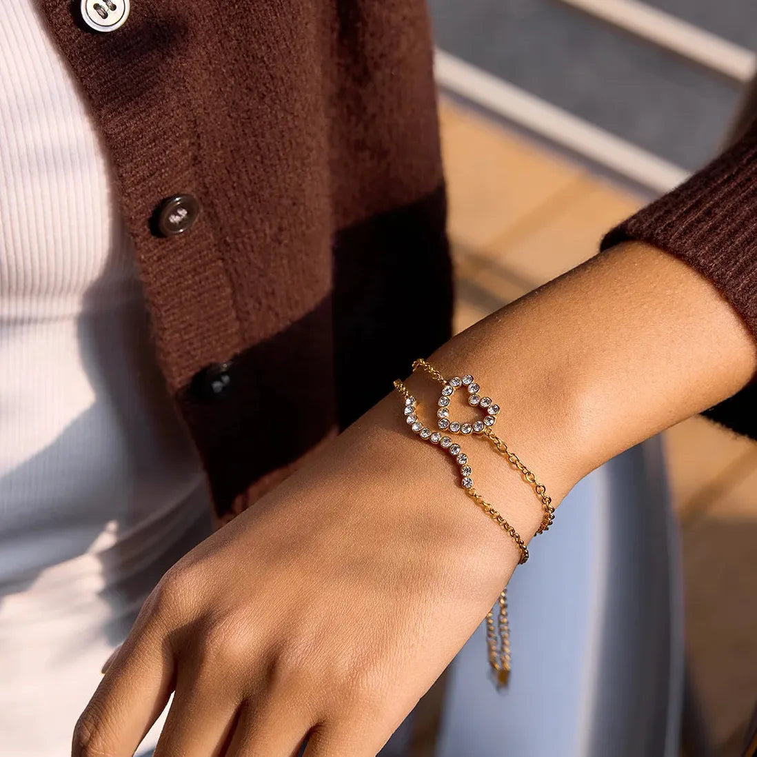 Charm Sparkling Mini Zircon Geometric Heart Tennis Bracelet Women Stainless Steel PVD Gold Plated
