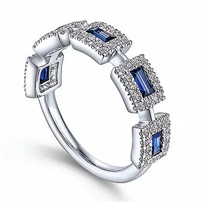 Geometric White Blue CZ Wedding Band Ring for Women Brass Jewelry