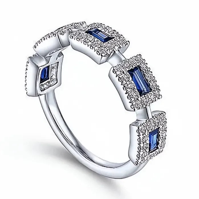 Blue CZ Geometric Brass Wedding Band Ring for Women, Sparkling White