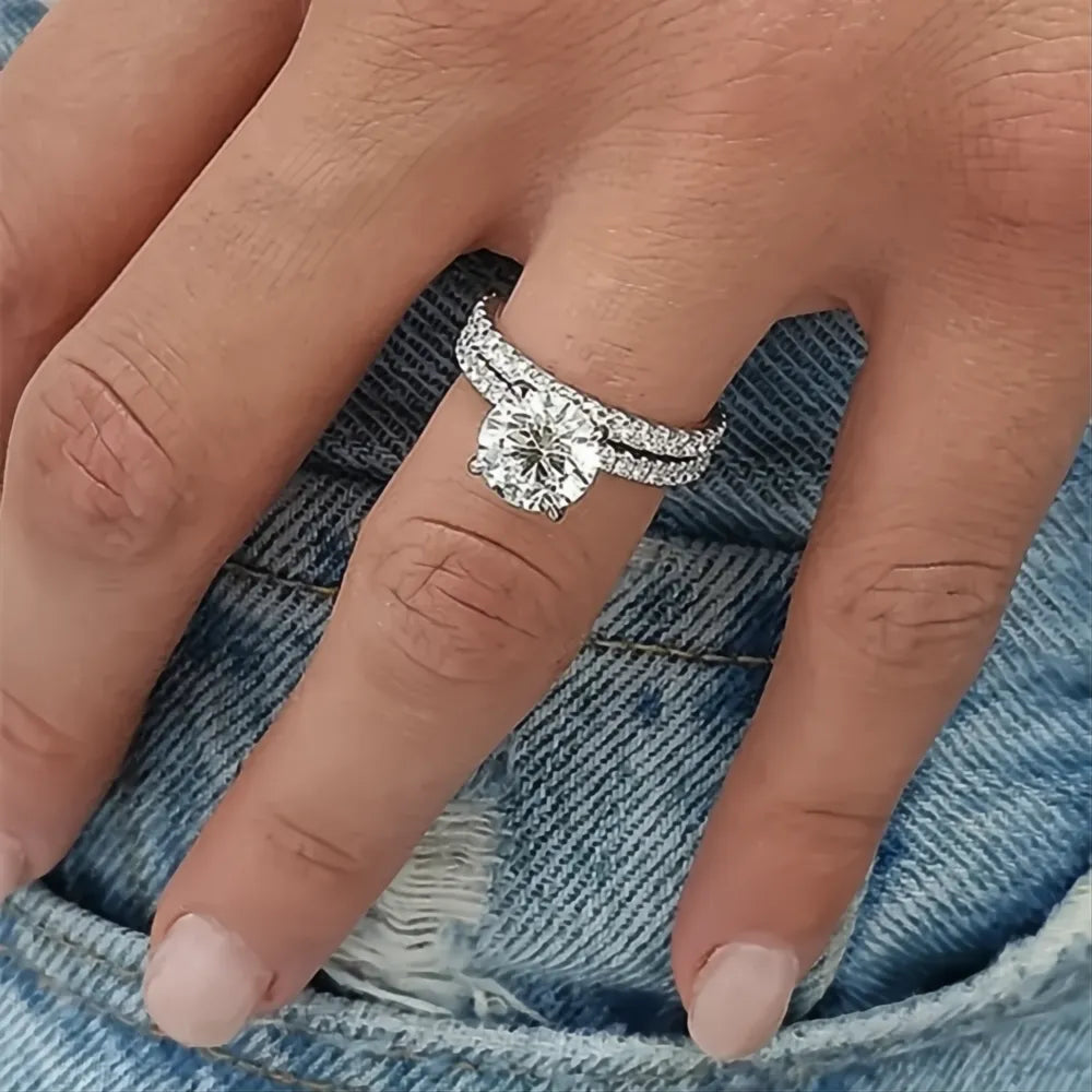 Simple Elegant Round Square Cubic Zirconia Rings for Women Silver Color Bridal Wedding Party Jewelry Set