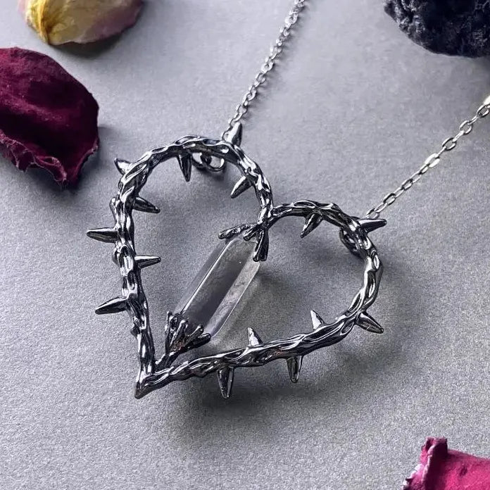 Vintage Thorn Heart Crystal Pendant Necklace Gothic Jewelry Gift for Men Women