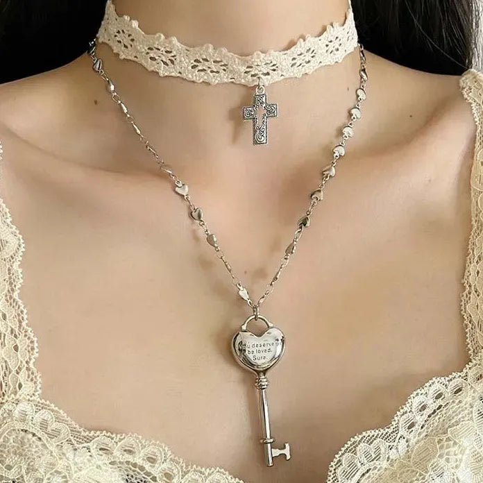 Y2K White Lace Cross Strap Key Pendant Choker Necklace for Women Jewelry