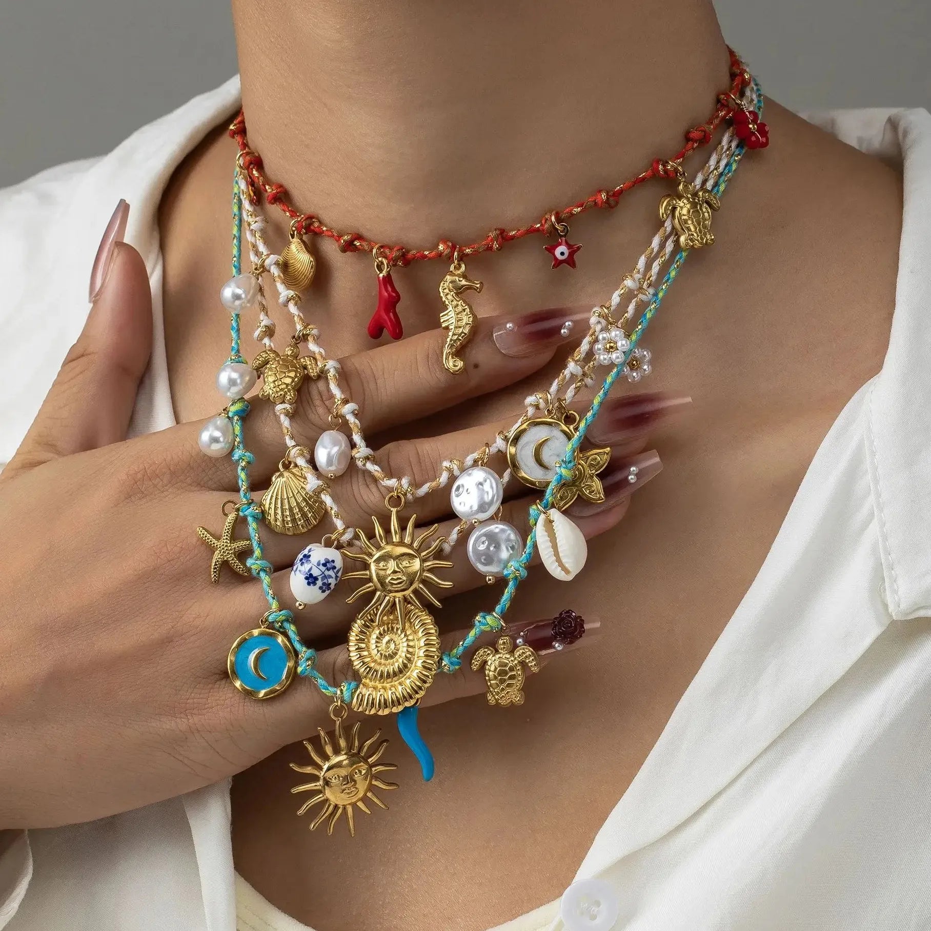 Pearl Marine Organism Pendant Choker Necklace Rope Shell Coral Beach Jewelry