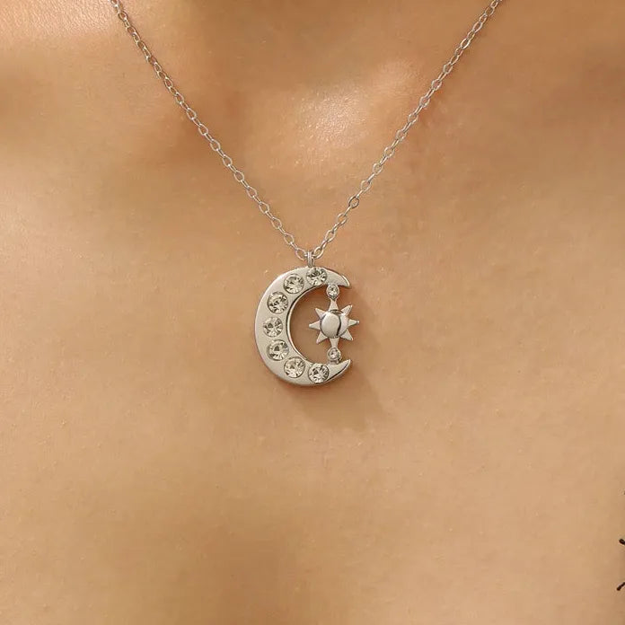 Copper Moon Star Rhinestone Pendant Necklace Women Y2K Crescent Sun Jewelry Gift