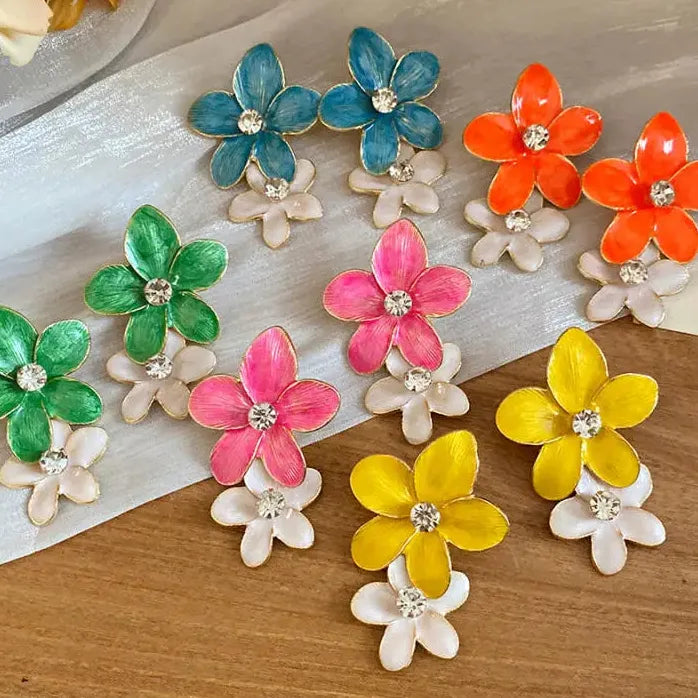 Vintage Double Layer Dripping Oil Flower Drop Earrings for Women Girls Stylish