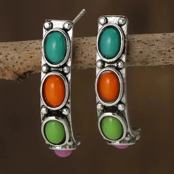 Bohemian Vintage Colored Gemstone Drop Earrings Zinc Alloy Women's Jewelry