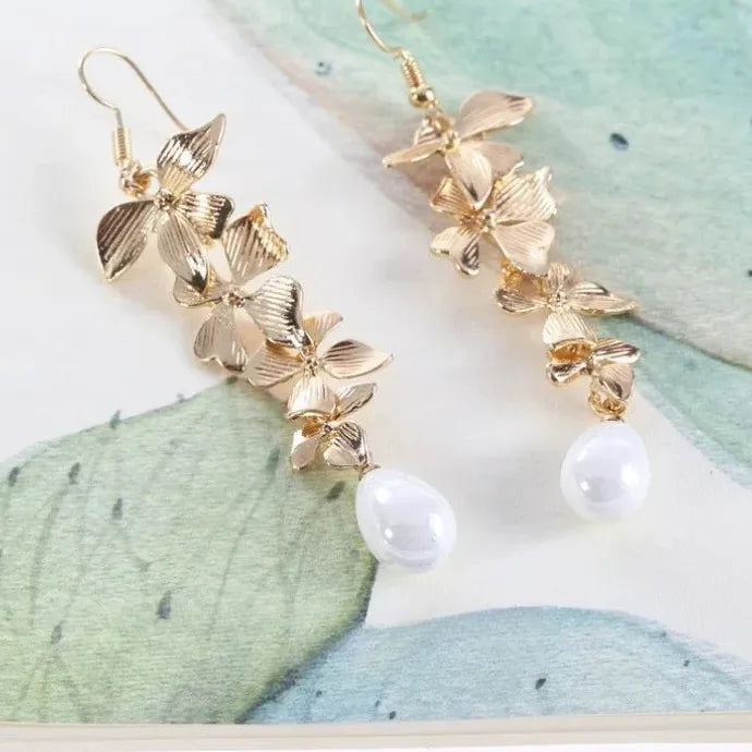 Leaves Flower Tassel Imitation Pearl Pendant Earrings Bridal Wedding Jewelry