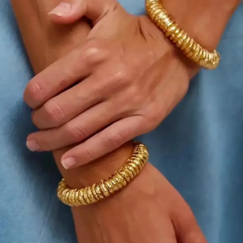 18K Gold Plated Stainless Steel Lava Textured Multi-layer Open Cuff Bracelet