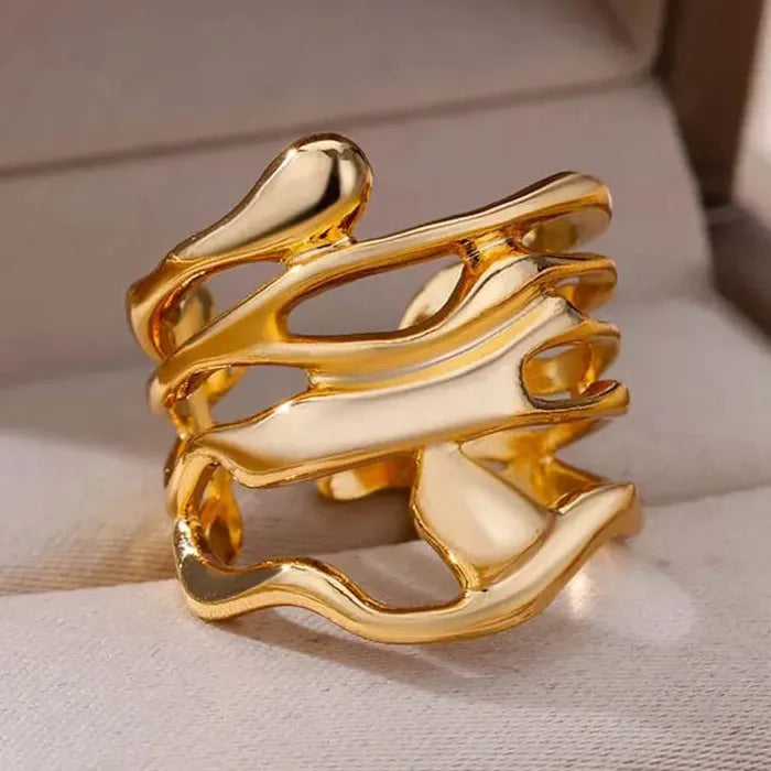 Adjustable Stainless Steel Skeleton Ring Gold Color Wide Band Women Men Jewelry