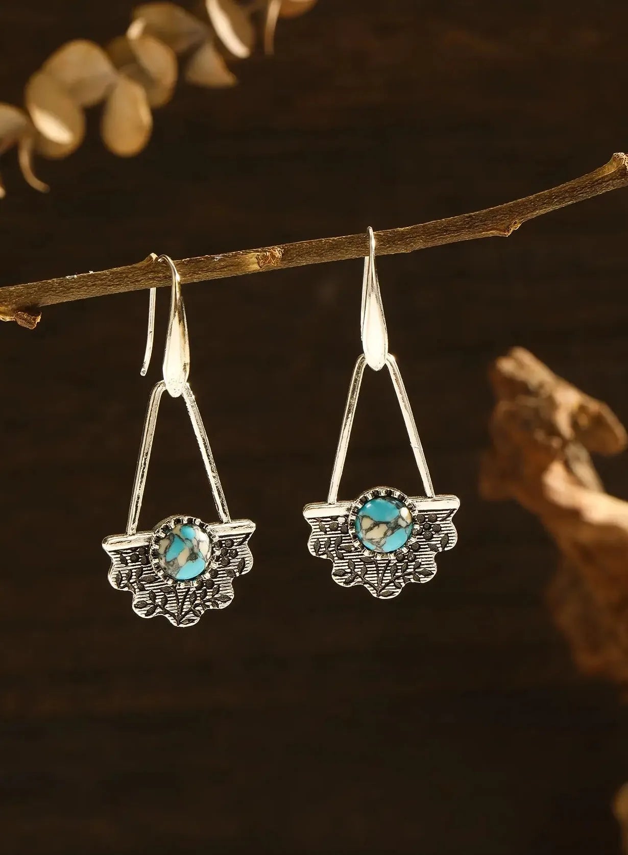 Retro Silver Zinc Alloy Earrings Set with Synthetic Gemstone Pendant for Women