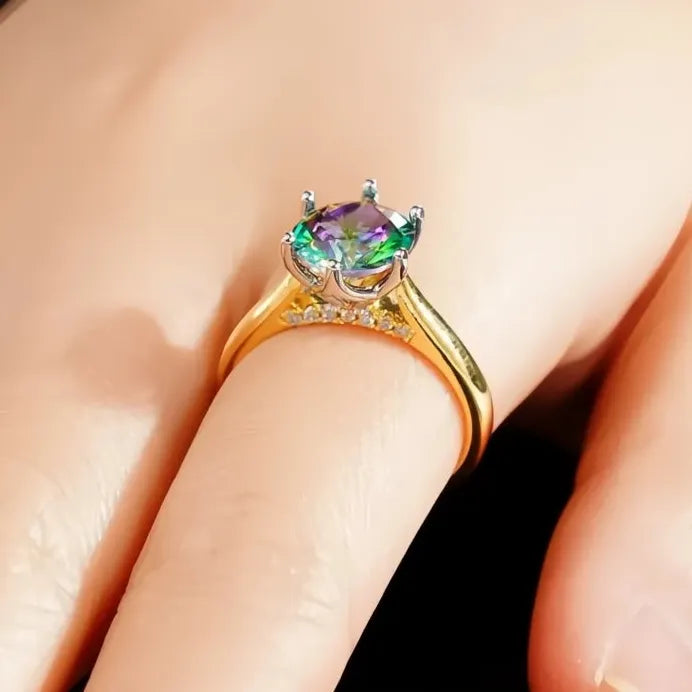 Two Tone Brass Women’s Ring with Multicolor CZ Inlay for Special Occasion