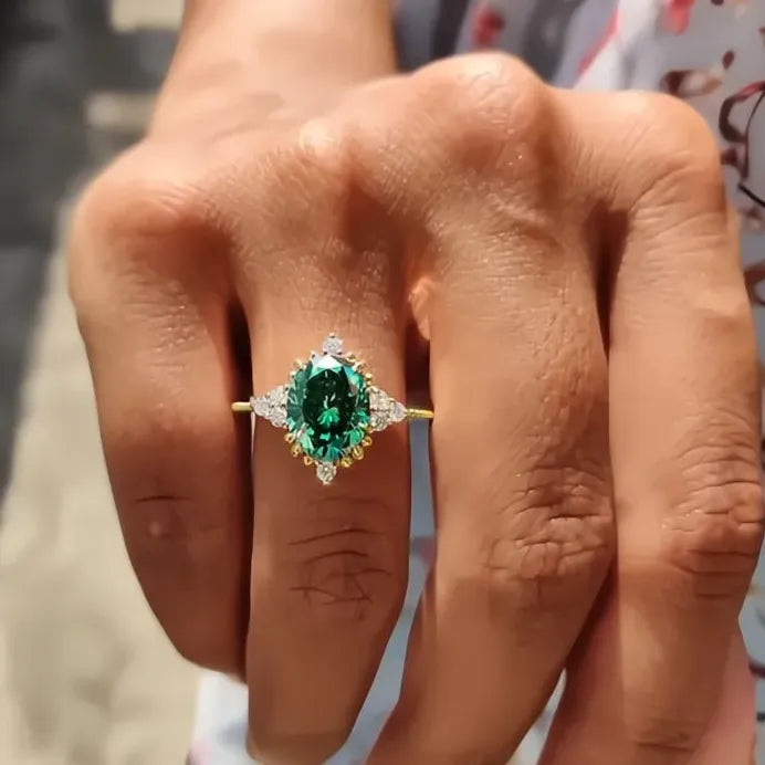 Gold Brass Ring with Green Cubic Zirconia for Women Wedding Party Jewelry