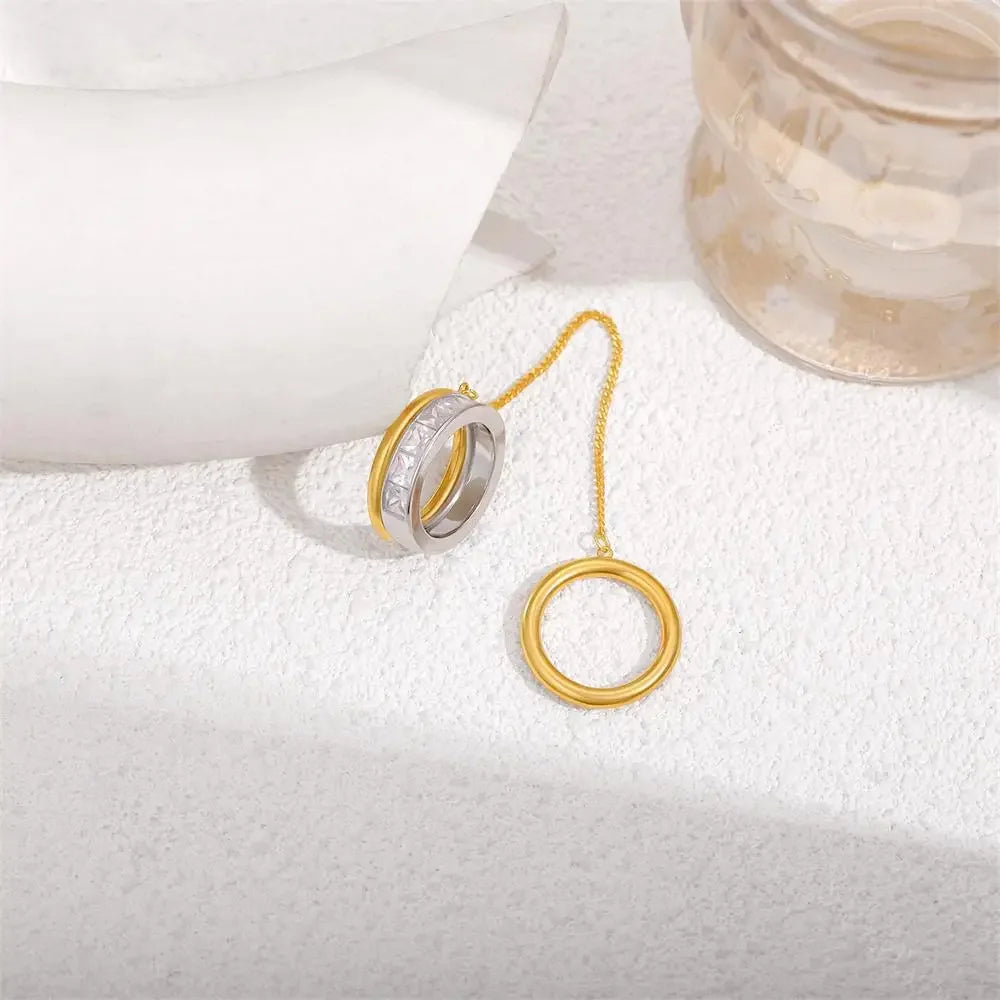 18K Gold Plated Stainless Steel Chain Finger Ring with Zircon for Women Vintage Jewelry