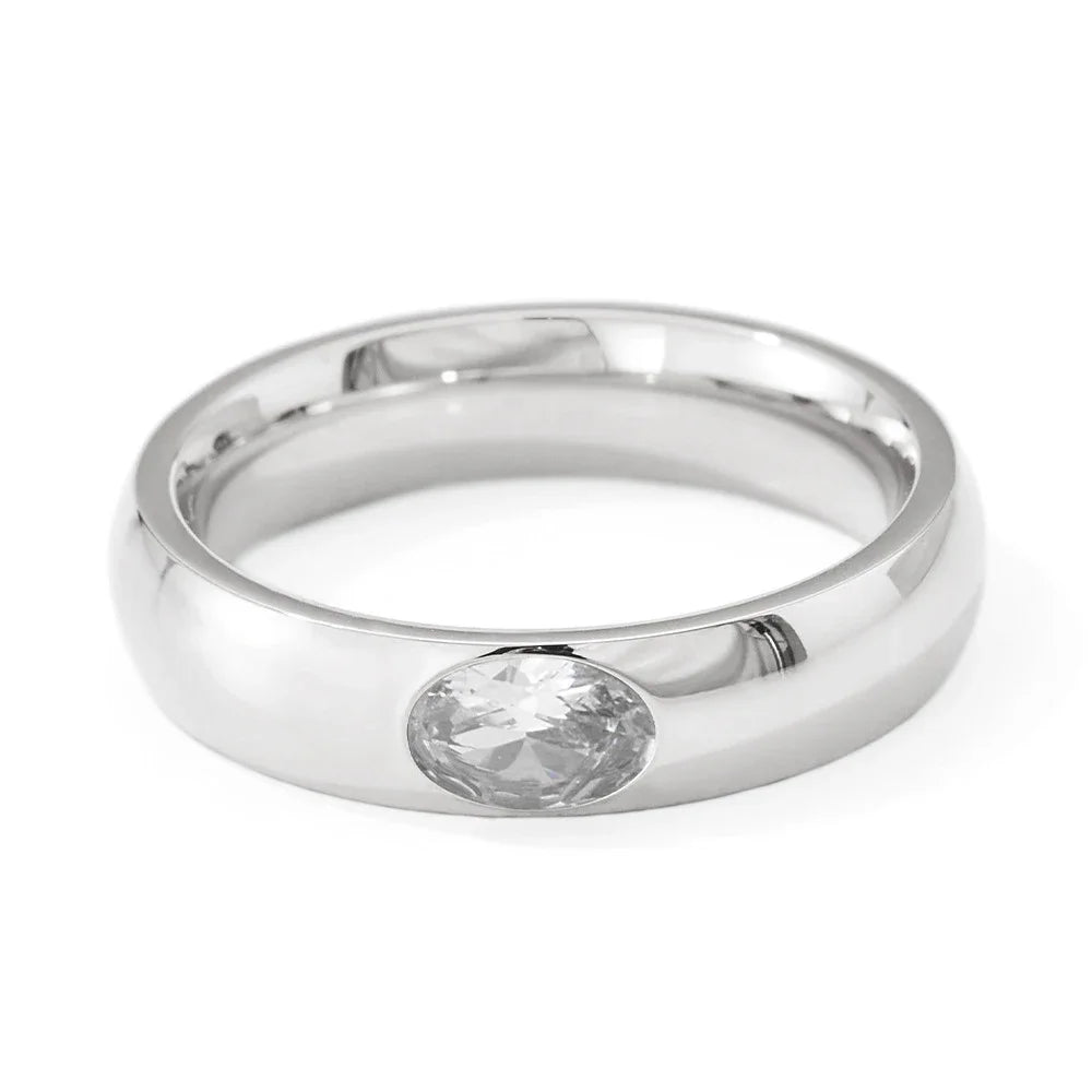 18K Gold Plated Stainless Steel Oval Zircon Crystal Wedding Ring for Women