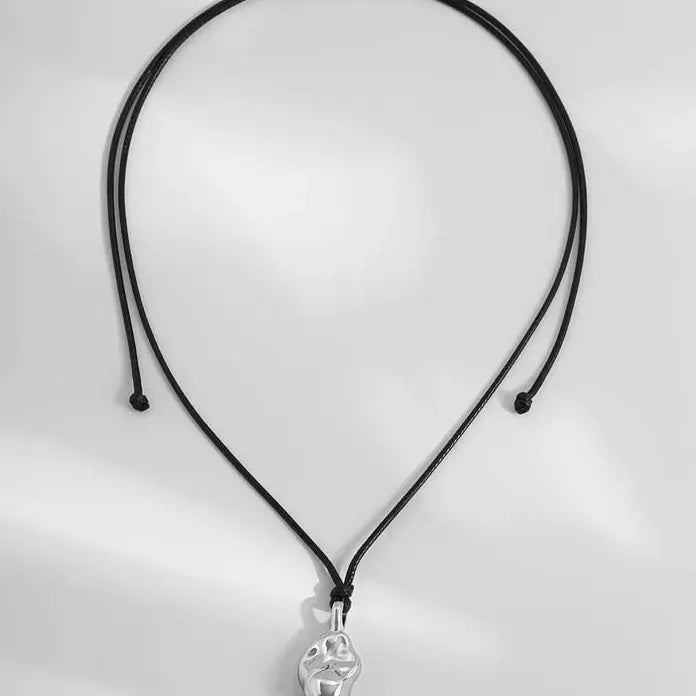 Round Hollow Pendant Necklace for Women Black Leather Rope Sweater Chain Geometric Design