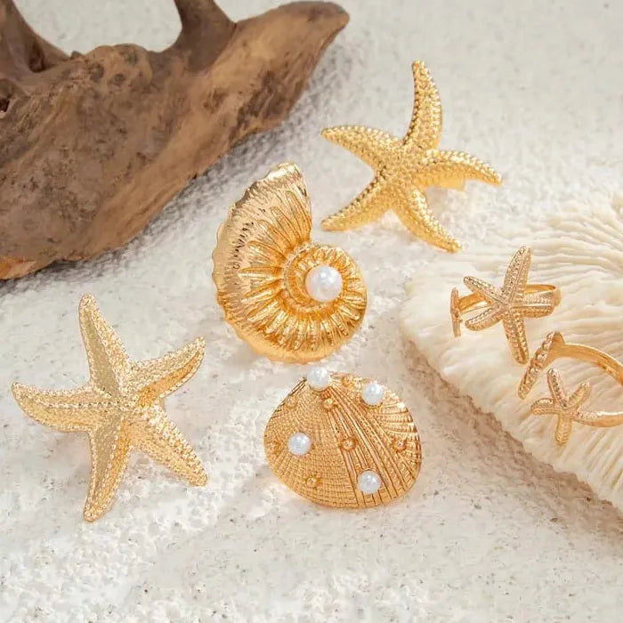 6Pcs Vintage Gold Starfish Pearl Knuckle Rings Set for Women Jewelry
