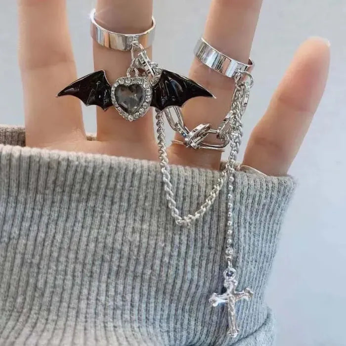 Gothic Black Bat Wing Cross Crystal Double Finger Ring for Men Women Jewelry