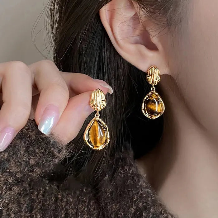 Brown Resin Tiger Eye Dangle Earrings for Women with Silver Needle