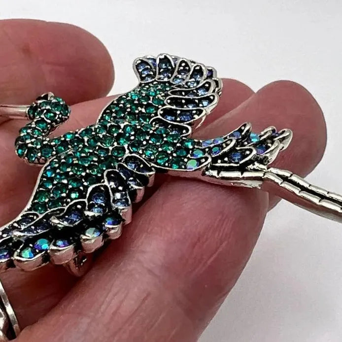 Heron Crane Bird Brooch for Women Green Rhinestone Animal Pin Jewelry