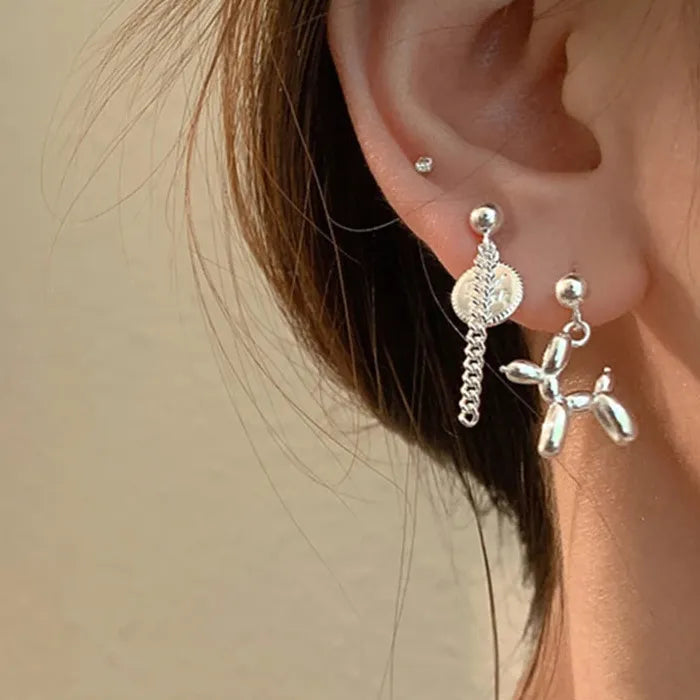 Asymmetrical Silver Balloon Dog Tassel Chain Earrings Zinc Alloy 2000s